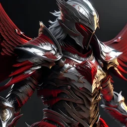 silver and crimson knight armor with glowing red eyes, and a ghostly red flowing cape, crimson trim flows throughout the armor, the helmet is fully covering the face, black and red spikes erupt from the shoulder pads, crimson and gold angel wings are erupting from the back, crimson hair coming out the helmet, spikes erupting from the shoulder pads and gauntlets