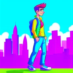 cartoon style character gay man wearing rainbow clothing nice background city view