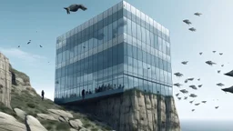 LARGE MINIMALIST GLASS BUILDING FULL OF CREATURES ON A CLIFF, Scared, Formal outfit, Bottom view, Zoom out, Brand identity