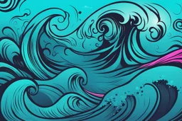 a background of surf waves with black linework, blue teal tones, surf culture, kawaii cute. + vector linework. swirling in bottom right. add pink and magenta graffiti lines over edges