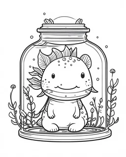 cute axolotl life in jar minimalistic, line art, background, vector, svg, coloring book page style, black outline on white background