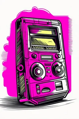 A bright pink, handheld cassette player with a rewind button held down captures a fleeting glimpse of a loved one on the tiny screen. Style: 80s Nostalgia, Mood: Sentimental, Lighting: Warm, yellowed light from a streetlamp, T-shirt design graphic, vector, contour, white background.