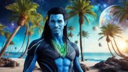 beautiful gorgeous young man na'vi with long hair, Avatar, blue skin, two small ears, green eyes, black hair, in cosmic suit, galactic ambiance, medium pointy goatee , smiling, with spaceship and planets and palm trees and clear crystaline cosmic beach in background