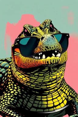 crocodile with sunglasses in the style of warhol