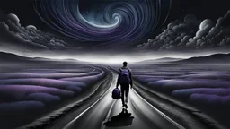 A solitary androgynous figure seen from behind, carrying an oversized heavy dark backpack, walking alone along a long winding road floating on a vast dark sky. Surreal abstract dreamscape, the road curving into endless darkness, abyss, mist, uncertainty and emotional weight, alone caracter, black gray, Dark blue, charcoal and muted purple tones, deep sky, digital art, etheral, atmospheric