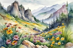 landscape with flowers, rocks, mountains, watercolor paintings