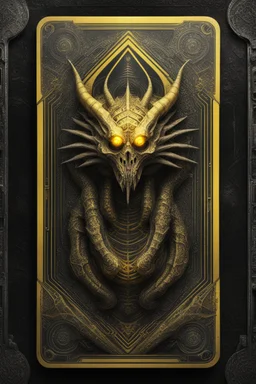 sacred geometry framed playing card, black and yellow death dragon boss card in the style of Giger and fallout 4 ,,bokeh like f/0.8, tilt-shift lens 8k, high detail, smooth render, down-light, unreal engine