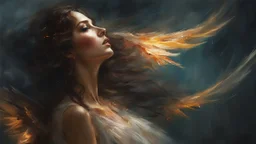 a female angel of light, divine creatures messengers of the kingdom of heaven, protectors. illuminated composed of fire and light. luminous beings with wings and halos, celestial beings.. detailed cinematography, sharp focus :: mysterious esoteric atmosphere :: matte digital painting by Jeremy Mann + Carne Griffiths + Leonid Afremov, black screen, dramatic shading, detailed face