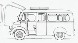 Digital Painting black and white. inside Old Bus. Line Drawing. Minibus. Sketch. 1920 AD. Turnaround. Front, Side, Back, 3-4 View. digital painting, Vector, illustration, Model Sheet