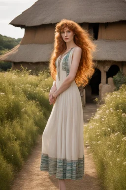 full body and headshot of a skinny Cleopatra, with long wavy ginger hair, in a floaty dress, standing on a village green, with thatched roof cottages behind