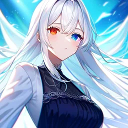 8k, Girl, high quality, detailed, white hair, heterochromia, beautiful lighting, vibrant colors, dress