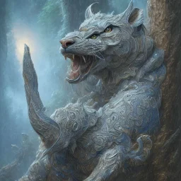 one cougar in blue and white battle armor, a highly detailed illustration, background of Inka jungle, realistic render, 8 k, micro detail, intricate, elegant, centered, digital painting, Artstation, smooth, sharp focus, illustration, artgerm, tomasz alen kopera, peter mohrbacher, donato giancola, joseph christian leyendecker, wlop, boris vallejo