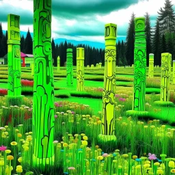 A lime green field with flowers designed in pacific Northwest totem poles painted by Andy Warhol