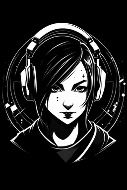 Create a logo of an BOSS GIRL hacker with a BLACK huddie with the face forward, in black and white to be used as a logo