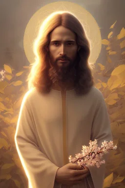 Jesus portrait , detailed hands, at dawn by atey ghailan, golden light , white robe, holding leaves and flowers , angels background, volumetric light, high detail, red leaf tree, mountains in background, perfect