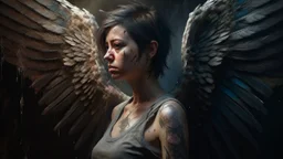 Punk, Angel, pregnant, portrait, old canvas, torn cracks, mystical, fine rendering, high detail, 8K