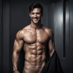 Hyper realistic Extremely Handsome shirtless with short black hair muscular man smiling standing in a black towel in a dark room