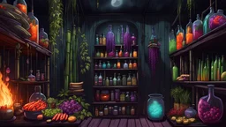 full-body shot of an insatiably evil black opal iridescent pearlescent dark witchy bamboo island food pantry with herbs hanging and sausages, food and potions lining the shelves, flowers hanging from bamboo columns, colorful macabre, Dariusz Zawadzki art style, liminal spaces, horror art, dark gaming background, wet, glossy, horror art, trypophobia, eerie, intricate details, HDR, beautifully shot, hyperrealistic, sharp focus, back lit, 64 megapixels, perfect composition, high contrast, cinemati