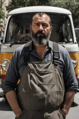 close up photography of an ugly 44 year old chubby robust burly turkish homeless, wearing his work unbuttoned bulging overalls, bulge, shirtless, leaning with his back to his van, hands on the fap, ajar mouth, hairy chest, , very virile, short black beard, shaved hair, sweat, , in a sunny street, photorealistic , frontal view from the ground