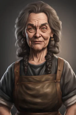 protrait of an ugly woman, 45 years old, realistic style, really ugly, concept art, bartender, apron, true anatomy, clothing accessories, fantasy medieval