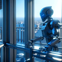 ninja robot cleaning windows on balcony, 8k, down-light, soft light, depth of field, photo realism, trending on art station, high detail