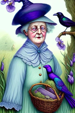 Friendly witch, playing with crows, perfect iris, pastel colours, style Beatrix Potter