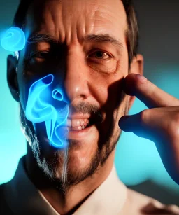 Realistic image, waist up view, a guy making the fuck you gesture with his hand, blue smoke coming out of his eyes, nose and mouth. Happy, smile, soft color, highly detailed, unreal engine 5, ray tracing, RTX, lumen lighting, ultra detail, volumetric lighting, 3d, finely drawn, high definition, high resolution.