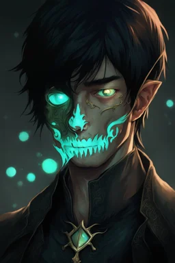 fantasy art, young male, half-elf, noble, half skull mask, pale skin color
