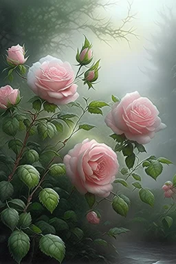 74. Watercolor, a bush of delicate pink roses, an ultra-detailed plant, morning, rain, beautiful landscape, fog, many details, delicate sensuality, realistic, high quality, 3d, work of art, hyperdetalization, filigree, hazy haze background, hyperrealism, professional, transparent, delicate pastel tones, back lighting, contrast, fantastic, unreal, translucent, glowing, clear lines, epic fabulous, fabulous landscape, hyperrealism