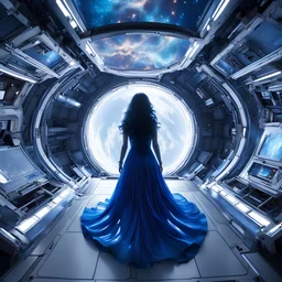 wide-angle photo of a woman in an electric blue dress, with long glowing blue wavy hair, on a space station with views into space