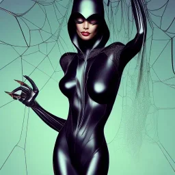 This spider woman is a formidable sight to behold, with the body of a human woman and the head and legs of a spider. She is dressed in a sleek black and red leather suit, with a hood that covers her spider head. Her skin is covered in shimmering black scales, and her eyes glow a bright, otherworldly green. She is fast and agile, able to climb walls and ceilings with ease. She has venomous fangs and sharp claws, and she can spin webs of magical energy to ensnare her enemies. She is intelligent an