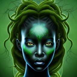 Painting .the face of A young black woman. A wood nymph emerging from the forest. Her hair looks like vines. Dreadlocs. Her skin is the colour of dark soil. Her skin looks like tree bark. Her clothing is made of vines, grass and leaves.