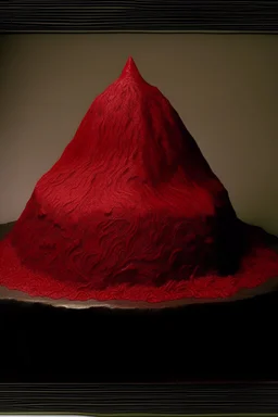A dark red pyroclastic volcano designed in Maori sculptures painted by Georges Seurat