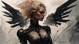 biomechanical women, beautiful, cyberpunk, dusty blonde, short square, large biomechanical black wings, sword, cybernetic, dynamic pose, rain, wind, ashes, flashes of fiery threads, sketch art, fine lines, grunge, sensual, darkness, dark colors, by Raymond Swanland & Alyssa Monks & Anna Razumovskaya