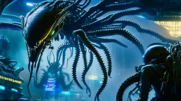 xenomorph FLY SQUID SPIDER hybrid, attacking the happiest place on earth, photorealism, movie screen capture, horror, sci-fi, retrofuturism, with relative xenomorph head,, hunting, stealthy, black exoskeleton, by walt disney