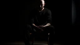 في الصورة، يظهر رجل جالس على كرسي في غرفة مظلمة. وجهه غير واضح، لكن يمكن رؤية عينيه مغمضتين. الرجل يرتدي ملابس سوداء، ويبدو أنه في حالة من الهدوء والتأمل.