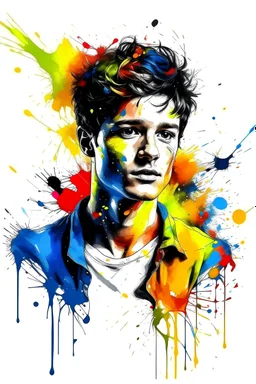 colorful and abstract handsome person portrait. The person is decorated with bright paint splatters in blue, yellow, orange and black. The painting style is abstract and expressionist, integrating the figure with the white background. Part of a white shirt or jacket appears among the colorful splashes. looking through right