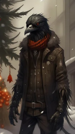 An illustration by Monet and Miyazaki of a human-like crow with a punk leather jacket within a Christmas atmosphere.