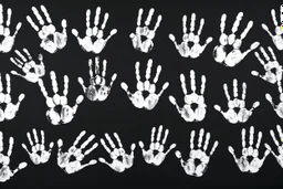 multiple white hand prints on a solid black background. some hand prints have streak marks as if they slid down the canvas