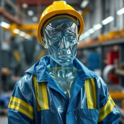 an very sad transparent glas man with blue and yellow working clothes, in a factory, nobody cares about the empty glas man, that is why he is so sad :( , he had worked 30 years in the factory and never had a salary increase, tears in his eyes, the working man is transparent, everyone see through him, he is nearly invisible