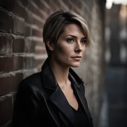 sweet sweet woman, 35 years old, with dark short hair with blonde streaks, gray eyes, facial skin with very noticeable unevenness, wrinkles and pores, in a black jacket, standing by an old brick wall on the street during the day, abstract neorealism, cinematic, film light, hyper-detailed , hyper-realistic, masterpiece, atmospheric, high resolution, 8k, HDR, FUJIFILM, photo, bokeh