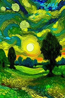 imagen de campo donde la luz del sol sea tenue con muchas nubes y el verde de los arboles sean del estilo van gogh