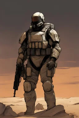 A bald rugged soldier with a short thick black beard wearing a ODST style armour looking out upon a desert planet art style Alex Maleev