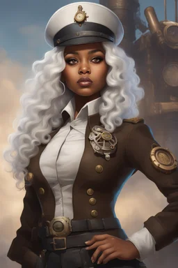 young mulatto girl, with wavy snow white hair dressed as a steampunk military officer