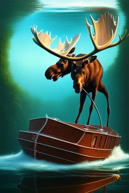 boat sinking because of moose, 4k, trending art, weird perspective, mirrors, water, realism