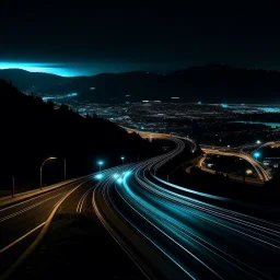 night time, a car dashboard lighting up, a dark mountain road in the windscreen, with a beautiful city in the distance, photo quality
