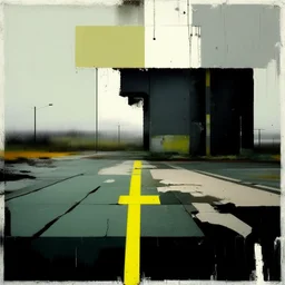 Minimal contemporary abstract oil paintings of a dirty desolate 1960s carpark with road markings and concrete fragments. style of Justin Mortimer and Francis Bacon.