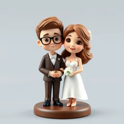 Create a cute premium 3D animated collectible figurine scene of the uploaded couple, using their photo only as the identity reference. Turn them into an adorable husband and wife standing close together on a small round display base. Preserve their young age, facial features, hairstyle, glasses if present, skin tone, and warm loving expressions, but render them in a soft anime style. in wedding suit