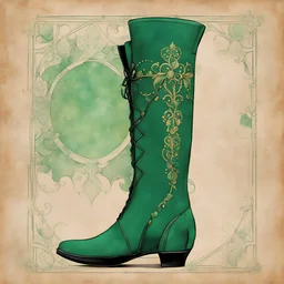 create fanciful women's Regency style side-lace boots with decorative jade stitching, in fine suede leather, illustrated in the comic book style of Bill Sienkiewicz and Frank Miller, highly detailed, 4k