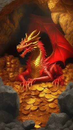 red dragon sitting in piles of gold, cave background